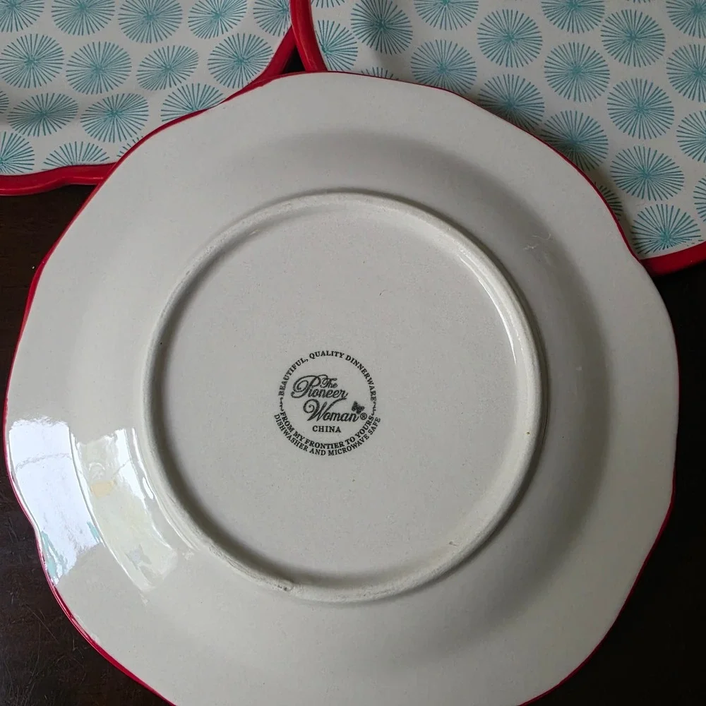 Pioneer Woman Happiness Teal Red Salad Plates Set of 3 Scalloped Edge 8.5in